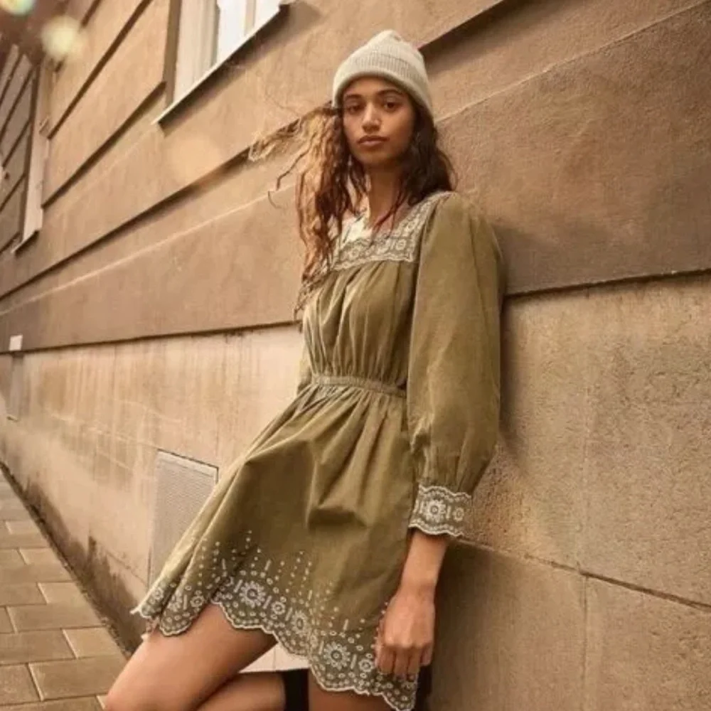 Madewell Embroidered corduroy olive green square neck mini dress‎ Sz PL new
